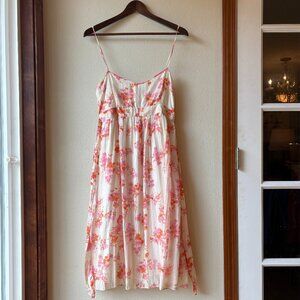 Zara Silk Cotton White Sun Dress Pink Orange Floral Empire Waist Bridgerton Sz L